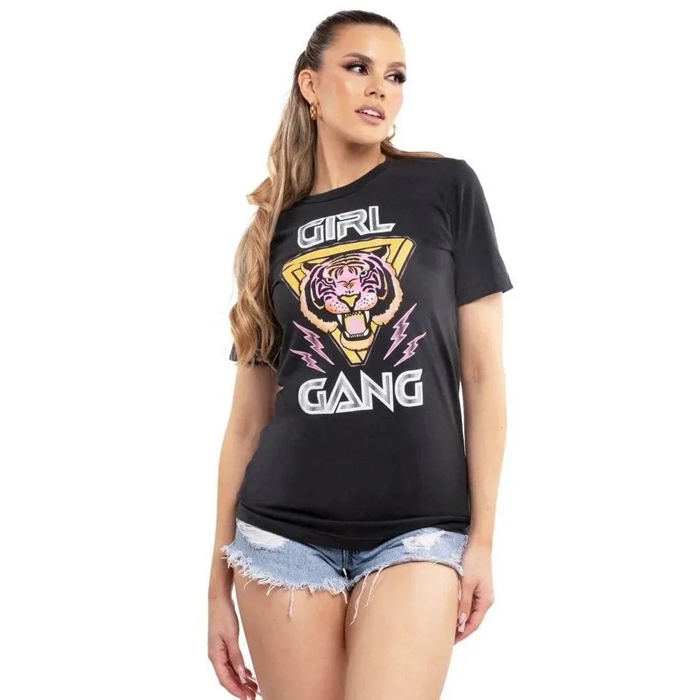 Tipsy‎ Elves Gray Girl Gang Tiger Graphic Print Crew Neck Short Sleeve 2XL NWT